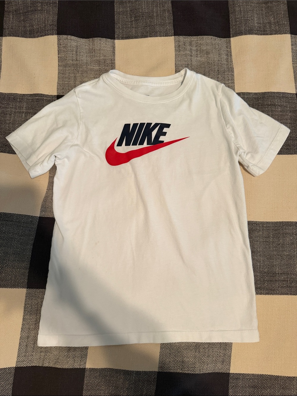 Nike White Tee with Red Swoosh and Navy Logo